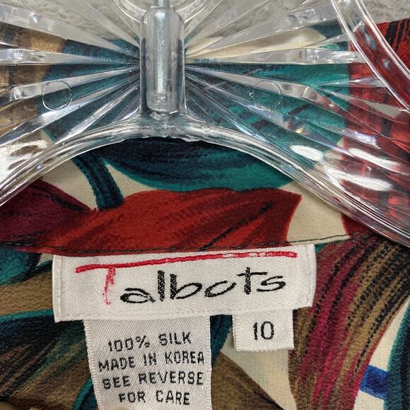Vintage Talbots Top Womens 10 Red Silk Hawaiian Floral Button Up Short Sleeve - Picture 2 of 7
